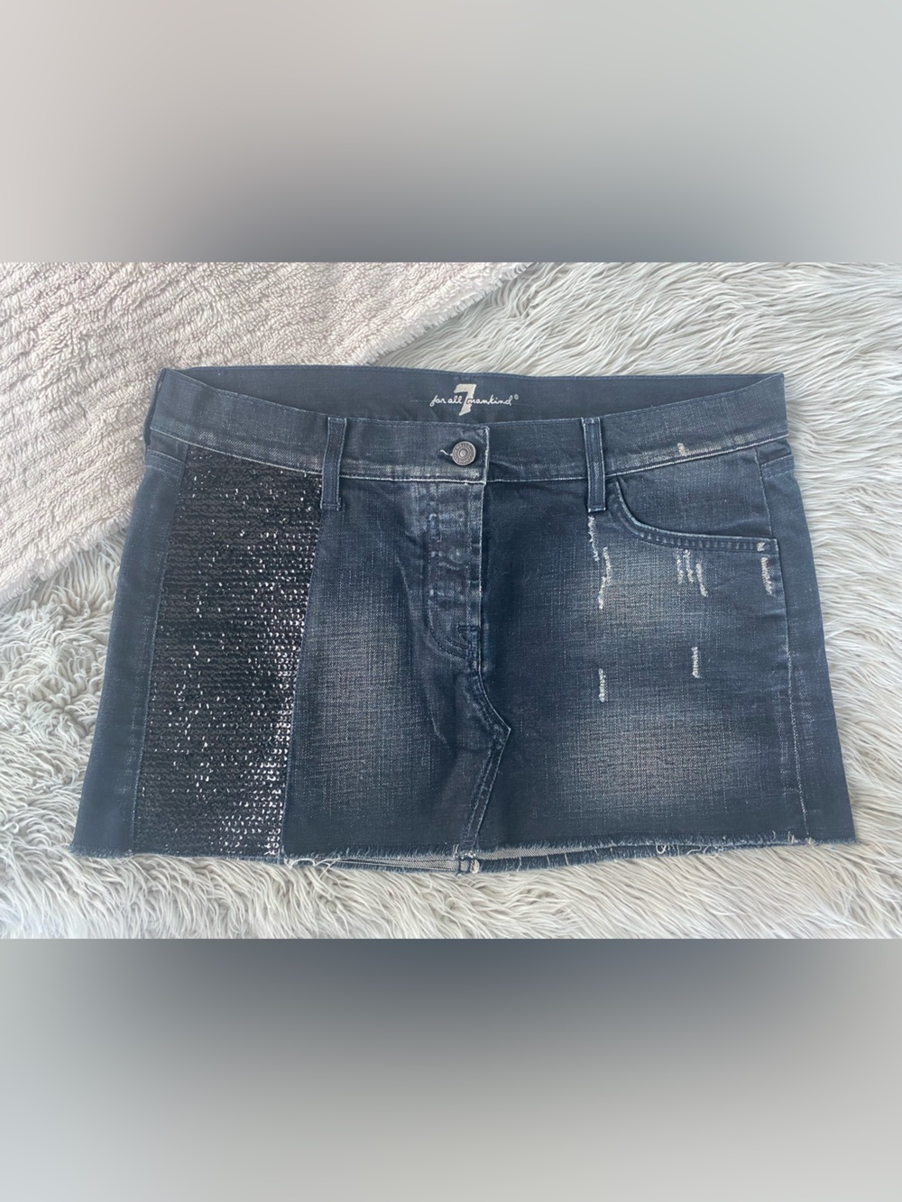 7 For All Mankind l Cherry Denim Blue/Black Sequin-Panel Mini Skirt